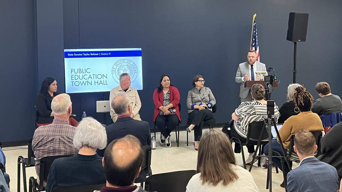 State Senator Taylor Rehmet, right, leads a town hall about the state of public education and recent state takeovers of two Tarrant County school districts at the Northpark YMCA in far north Fort Worth on Thursday, April 30, 2026. Melondy Doddy-Muñoz, the assistant director of operations at the Karyn Purvis Institute of Child Development at Texas Christian University and moderator of the discussion, is pictured left, followed by President of AFT Texas Zeph Capo, Fort Worth Board of Trustees President Roxanne Martinez and Fort Worth ISD high school teacher Ale Checka.